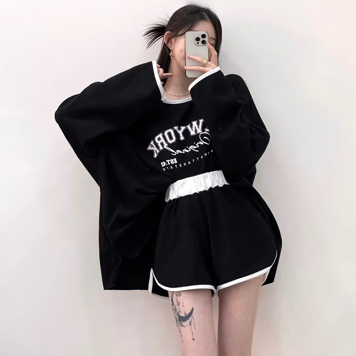 [여름까지/여리루즈핏] 밴티 나염 배색 라인 입술넥 오버핏 긴팔 티셔츠+밴딩 하이웨스트 돌핀 숏팬츠 투피스 트레이닝 세트 3color 상세 이미지 22