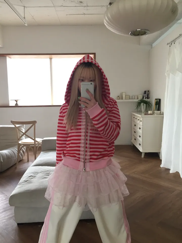 striped lace hooded zip-up [3color] 상세 이미지 20