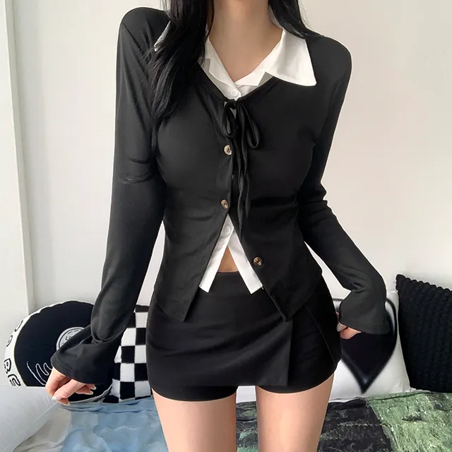 [일체형/모던룩/2col] 신디 일체형 슬림핏 레이어드 셔츠 가디건 / 카라넥 / 리본가디건 / 레이어드티셔츠 / 페이크셔츠 / 긱시크 / 브이넥 / 셔츠니트 / 코디완성 / 강추 상세 이미지 3