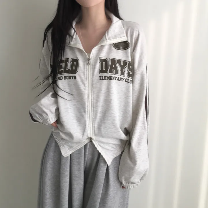 문의폭주!![핏보장🖤/왕오버핏!] 플로어 빈티지 프린팅 레터링 두줄 라인 배색 카라 투웨이 트랙 집업 남녀공용 커플아우터 빅사이즈 상세 이미지 22