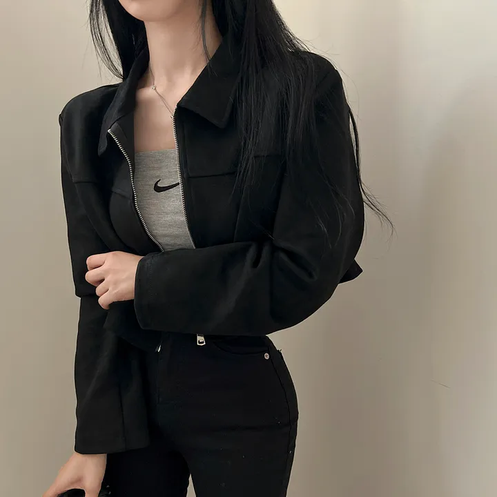 [어깨패드O] 어텀 스웨이드 절개 카라 크롭 자켓 집업 상세 이미지 27