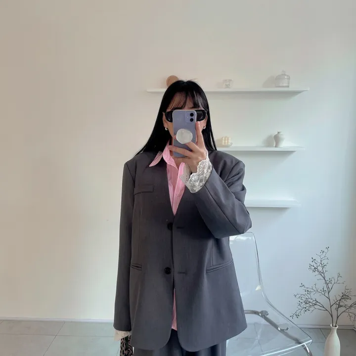 [봄best/데이트룩/하객룩] 쌜린 노카라 레이스자켓 봄 아우터 오버핏자켓 박스핏자켓 루즈핏자켓 싱글 봄자켓 상세 이미지 3