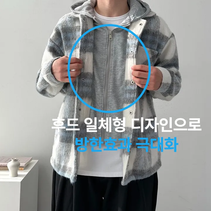 오버핏 체크 하프 코트 자켓 후드 레이어드 미니멀 빅사이즈 아우터 후드레이어드하프체크코트 상세 이미지 5