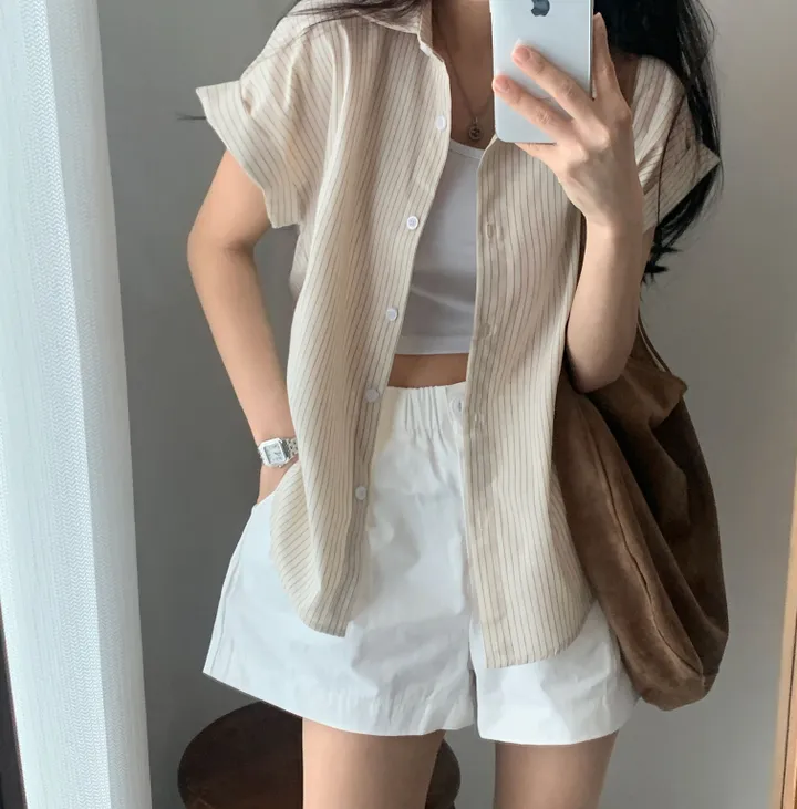 [빈티지🤍/여름셔츠] 샌드 스트라이프 루즈핏 롤업 반팔셔츠,남방 - 3color 상세 이미지 41