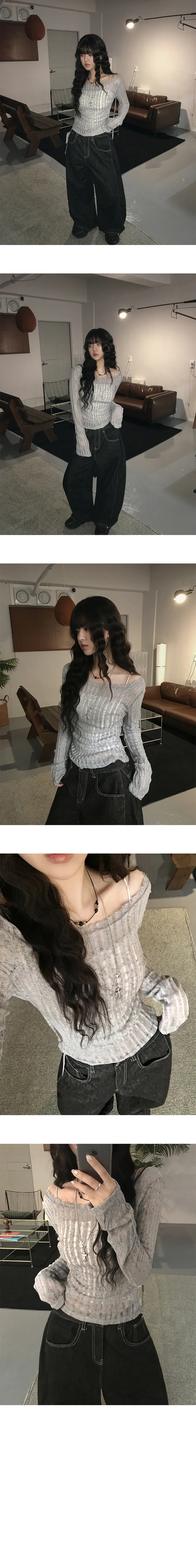 [넉넉슬림핏/살안타템🖤] 시오 데미지 시스루 보트넥 오프숄더 백리본 여름 긴팔 니트 티셔츠 4color 상세 이미지 6