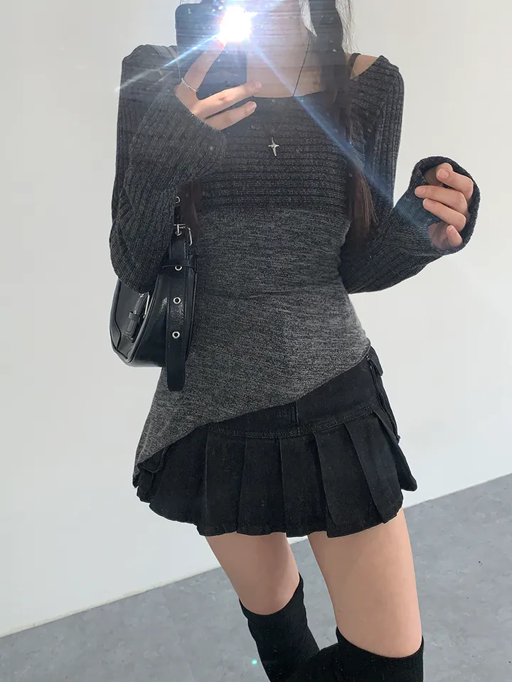 [레이어드세트/몸매보정핏! 뒷모습도완벽🖤 슬림핏 홀터나시 긴팔크롭티 레이어드세트] 리엘사선홀터나시SET 상세 이미지 18