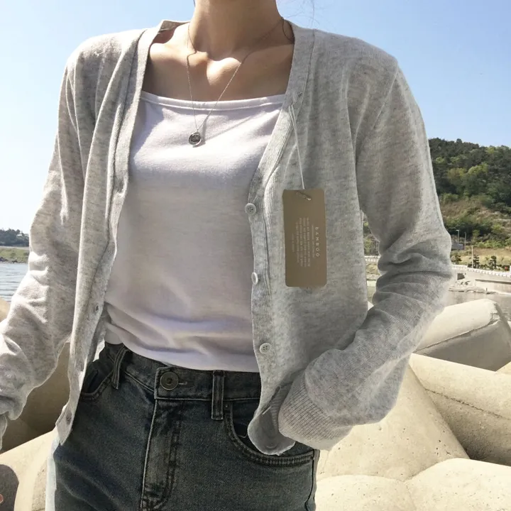 [ 뱀부40% ] 얇은 기본 가디건 / 가벼워요. 여리여리 세미크롭 브이넥 아우터 상세 이미지 14