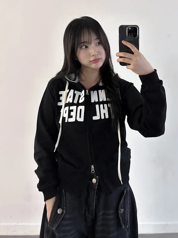 [허리잘록] 스테이트 자수 패치 배색 후드 집업 - 4color 상세 이미지 12