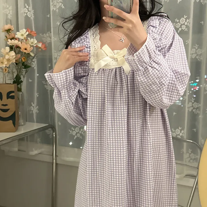 [당일출고/3컬러] 루즈핏 귀여운 스몰 체크 오버핏 긴팔 원피스 파자마 잠옷 상세 이미지 21
