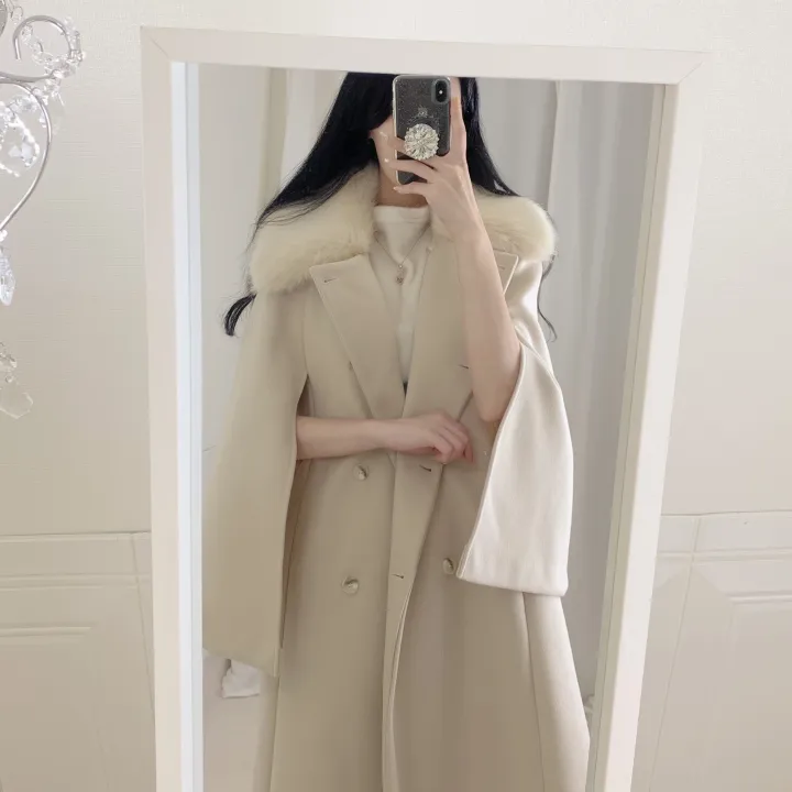 [롱케이프코트💗/고퀄보장✨] 롱VER. 알콩 울 캐시미어 폭스퍼 페이크퍼 밍크퍼 누빔안감 케이프 벨트 버튼 고급 우아 롱 판쵸 코트 망토 자켓 (4color) 연말룩 크리스마스 상세 이미지 19