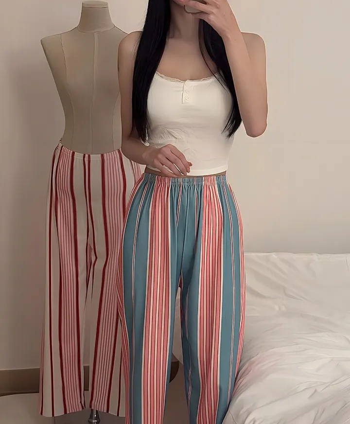 [캡내장/몸매보정] 나시 스트라이프 잠옷세트 캔디팝팝 투피스 긴바지잠옷 홈웨어 파자마 2color 상세 이미지 4