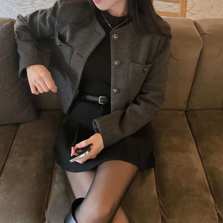 [누빔ver오픈!/MADE🩶]백화점 퀄리티, 트위드 노카라 라운드 금장 하객 크롭 자켓 상세 이미지 6