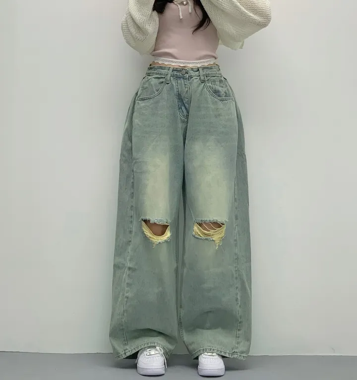 당일🚀[숏,롱/~XL/찐인생바지] 슬릿 찢청 폴딩 빈티지워싱 벌룬핏 옆핀턱 와이드팬츠 무릎트임 데님 청바지 기장선택 빅사이즈까지 오버핏팬츠 여름청바지 상세 이미지 39
