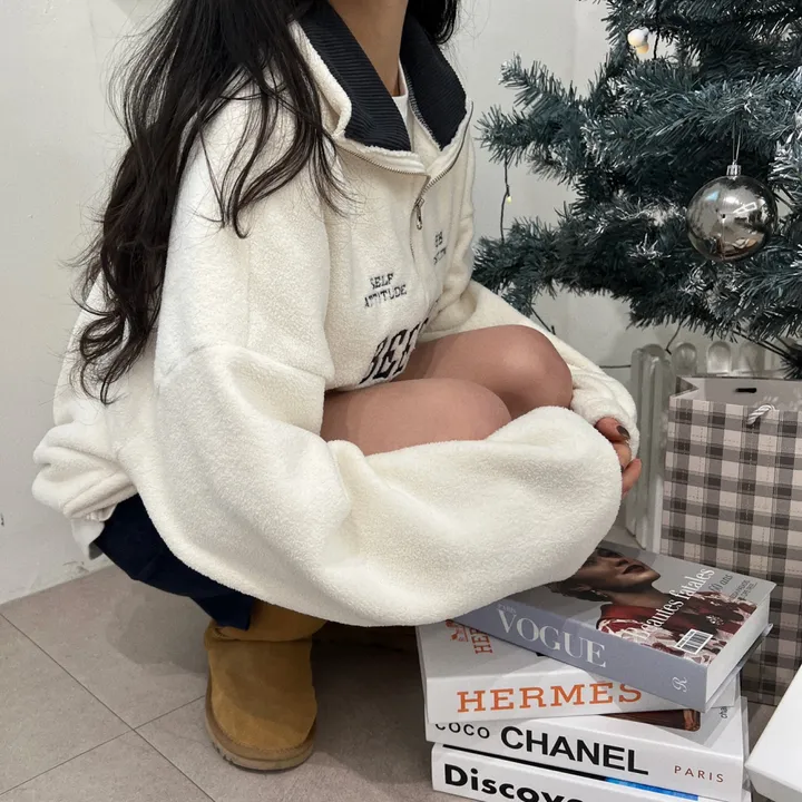 [양털뽀글/도톰따뜻] 배색 카라 양털 뽀글이 반집업 루즈핏 후리스 상세 이미지 11