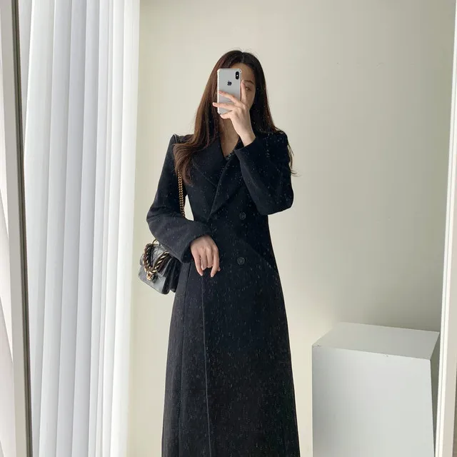 A라인 슬림 롱 플레어 더블 버튼 울코트 블랙 베이지 상세 이미지 16