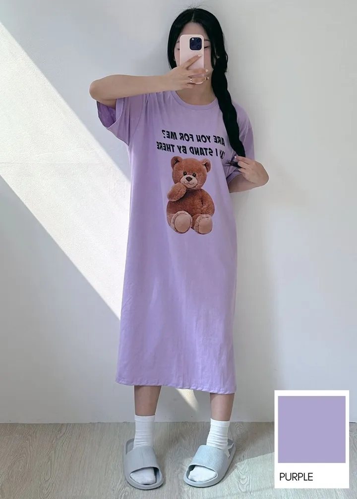 [국내/부드러운] 베어🐻 프린팅 반팔 롱 원피스 - 4color 상세 이미지 6