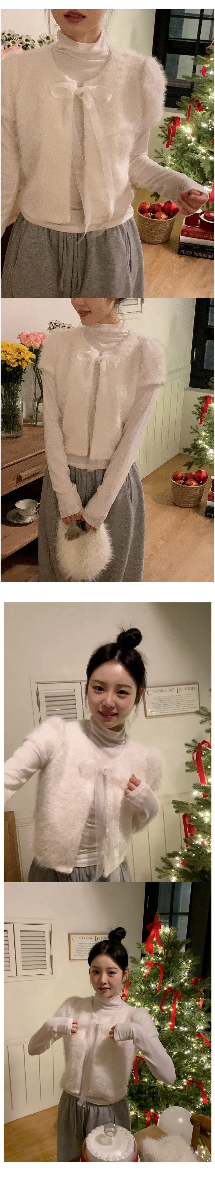 [하객룩][리본탈부착가능][리본 셋트][MADE][자체제작][국내 생산]스노우 시어 쉬폰 리본 퍼 반팔 가디건 (3color) 상세 이미지 16