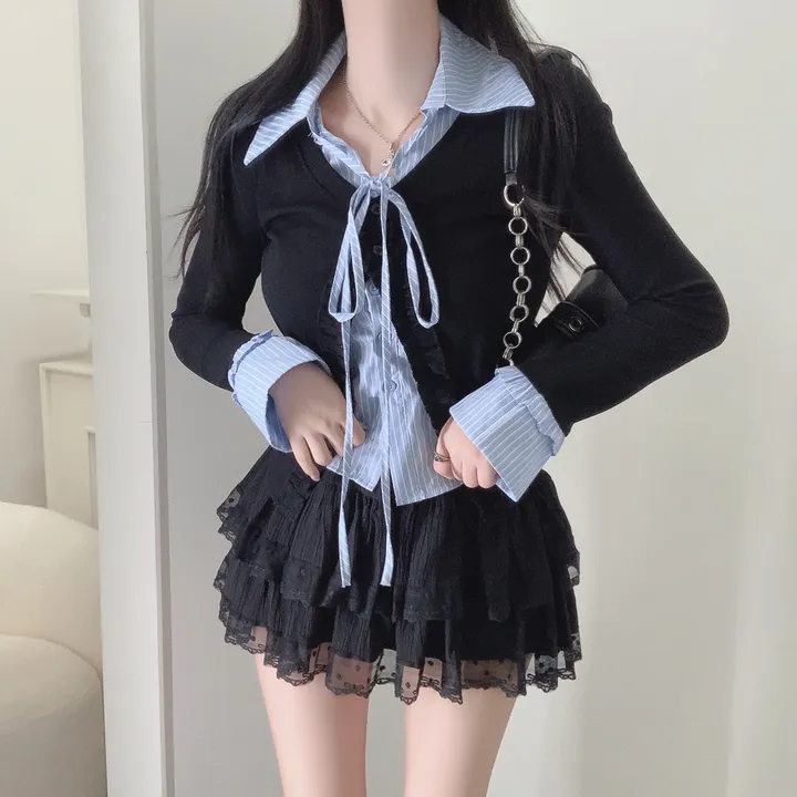 [3COLOR/셔츠일체형] 유닛 스트라이프 셔츠&프릴가디건 레이어드세트/버닝블루 상세 이미지 16