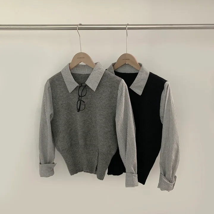 [단독/일체형!/✨주문폭주✨]올인원 쓰리버튼 레이어드 일체형 스트라이프 셔츠+니트조끼 상세 이미지 40
