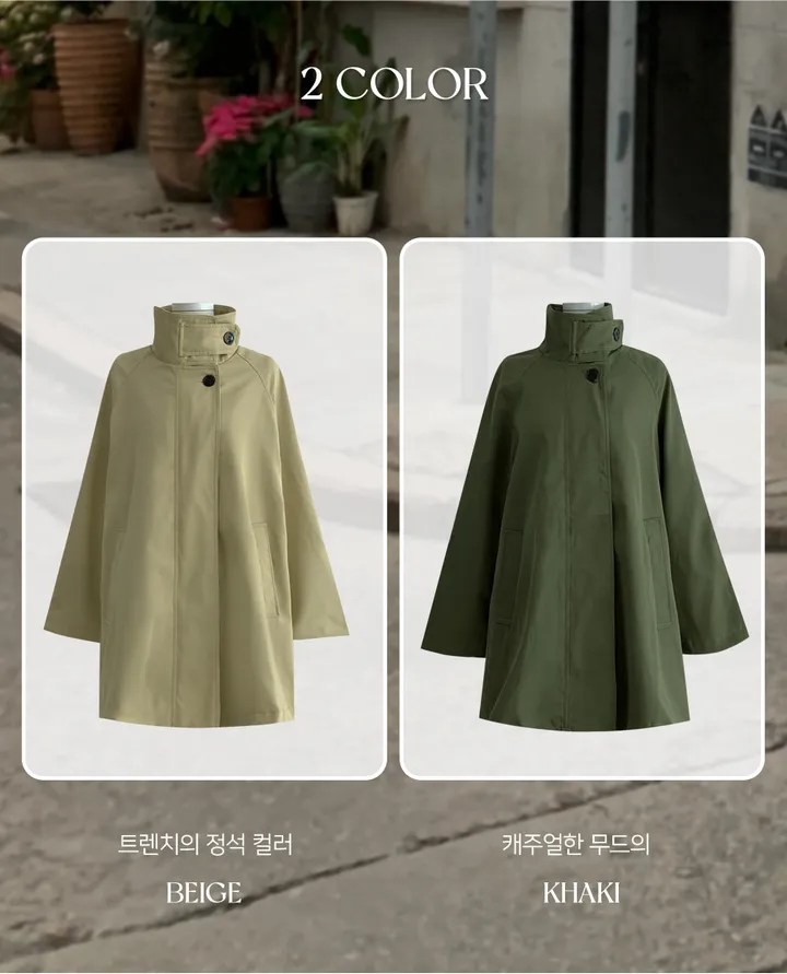 [귀욤아방핏🤎완전강츄] 하이넥 하프 숏 트렌치코트 오버핏 루즈핏 A라인 케이프 바바리 자켓 야상 점퍼 봄 가을 간절기 아우터 데일리룩 2COL 상세 이미지 10