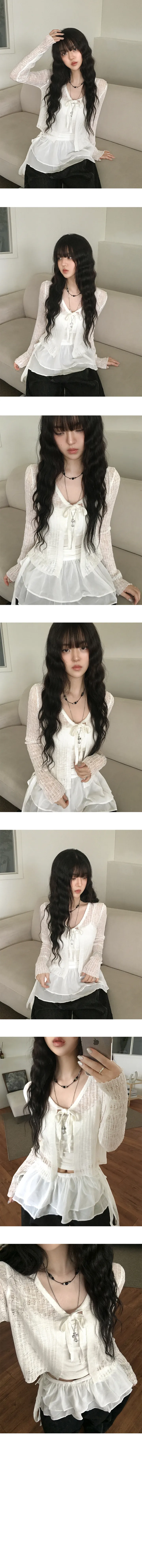 [여름까지/살안타템🖤] 루미 펀칭 시스루 여리 리본 레이스 레이어드 크롭 긴팔 가디건 4color 상세 이미지 4