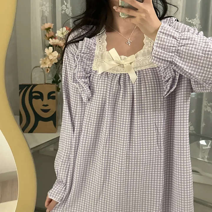 [당일출고/3컬러] 루즈핏 귀여운 스몰 체크 오버핏 긴팔 원피스 파자마 잠옷 상세 이미지 20