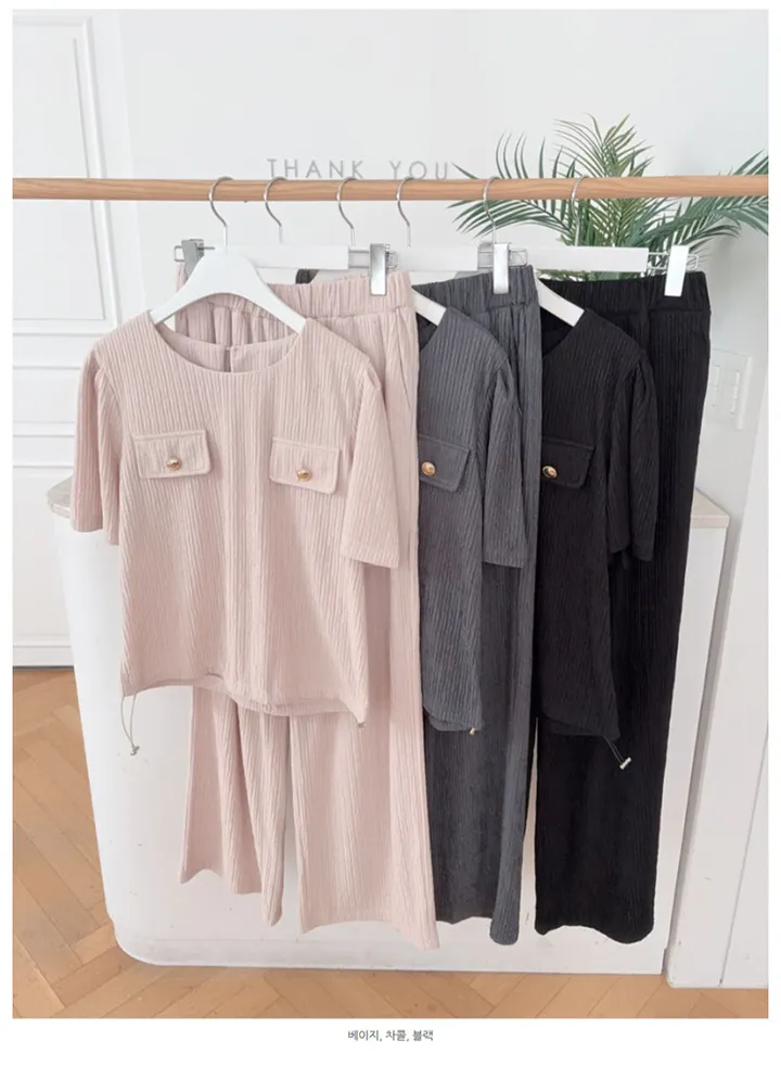 [땡큐]마미미 포켓 금장 스트링 블라우스 밴딩 스판 바지 투피스 세트(3color)N-470 상세 이미지 2