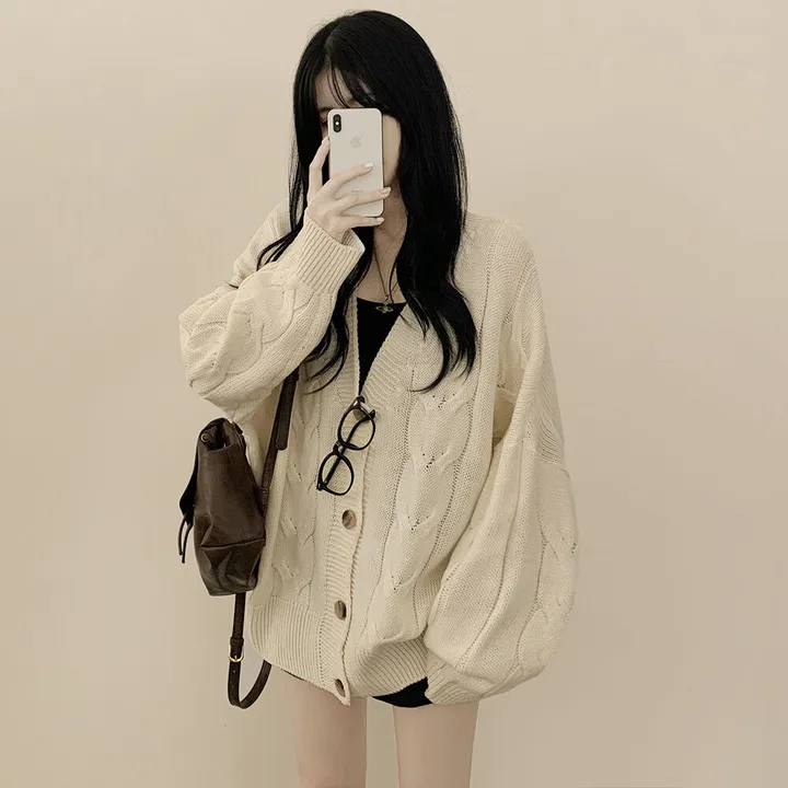[여리여리/왕오버핏] 도톰 브이넥 케이블 꽈배기 벌룬 니트가디건 상세 이미지 12