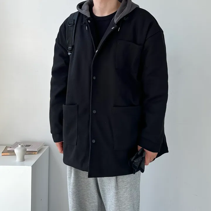가을 겨울 오버핏 하프 코트 미니멀 빅사이즈 아우터 보온안감후드블랙코트 상세 이미지 7
