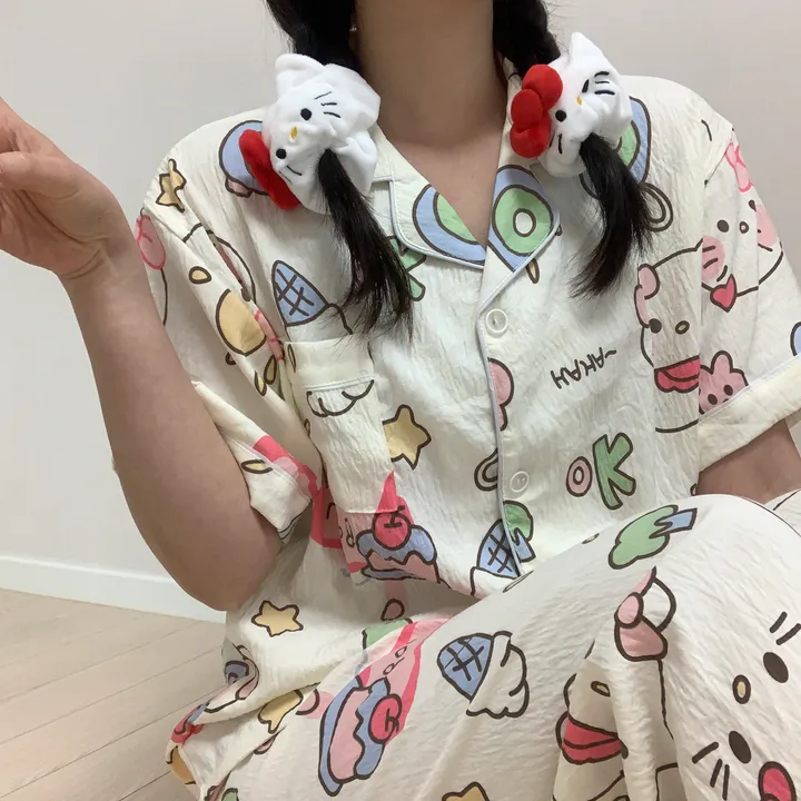[3피스/빅사이즈도있어용!] 귀여운 리본 고양이 키티 캐릭터 집순이 생일선물 반팔 반바지 긴바지 쓰리피스 잠옷 세트 상세 이미지 10