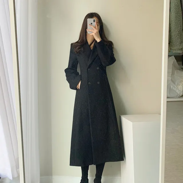 A라인 슬림 롱 플레어 더블 버튼 울코트 블랙 베이지 상세 이미지 28