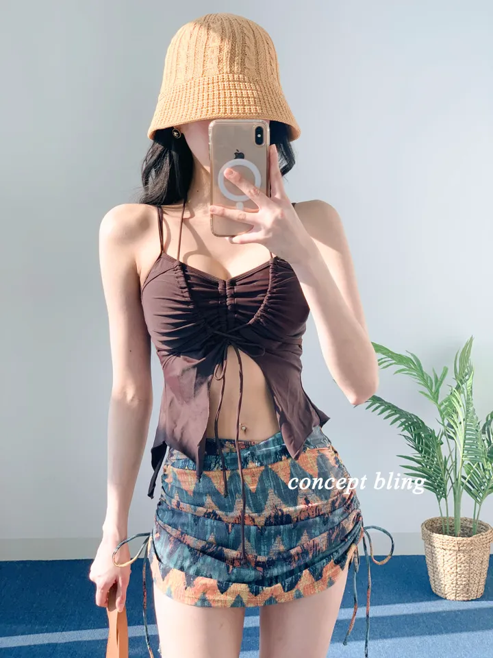 *고퀄* 히피 2pcs 비키니 홀터넥 리본 뱃살커버 스커트 포함 스트링 수영복 컨셉블링 상세 이미지 6