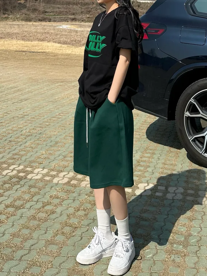 세트가능/ 남녀공용 오버핏 반팔 여름 커플룩 커플티 레터링 루즈핏 반팔 티셔츠 합포 핀턱 버뮤다 팬츠 밴딩 반바지 꾸안꾸 트레이닝 세트 커플 시밀러룩 빅사이즈 세트 스트릿 딜리 상세 이미지 12
