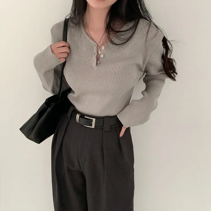 [4계절필수 디자인/연그레이 당일출고✨] 자체제작 #크치Made 젤리 버튼 트임 브이넥 골지 겨울 니트 긴팔티셔츠 - nt 상세 이미지 171