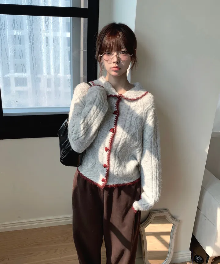 [MD추천✨러블리] 우토 하트 단추 카라 배색 니트 가디건 봄 가을 / 니트가디건 가디건 봄가디건 아우터 바람막이 청자켓 뮤잉 상세 이미지 1