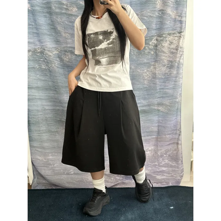 [UNISEX/기획특가/소장추천!/3size!]사이드 폴드 핀턱 포인트 루즈 와이드 벌룬 버뮤다 하프 트레이닝 팬츠(2color) 상세 이미지 6