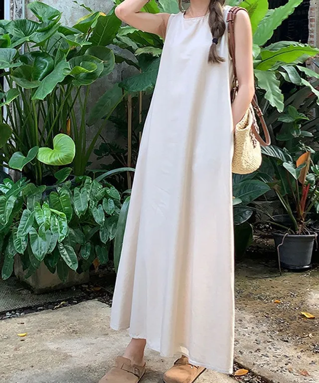 여자롱원피스 A라인 여성 민소매 뒷트임 심플 편한 여름 롱 원피스