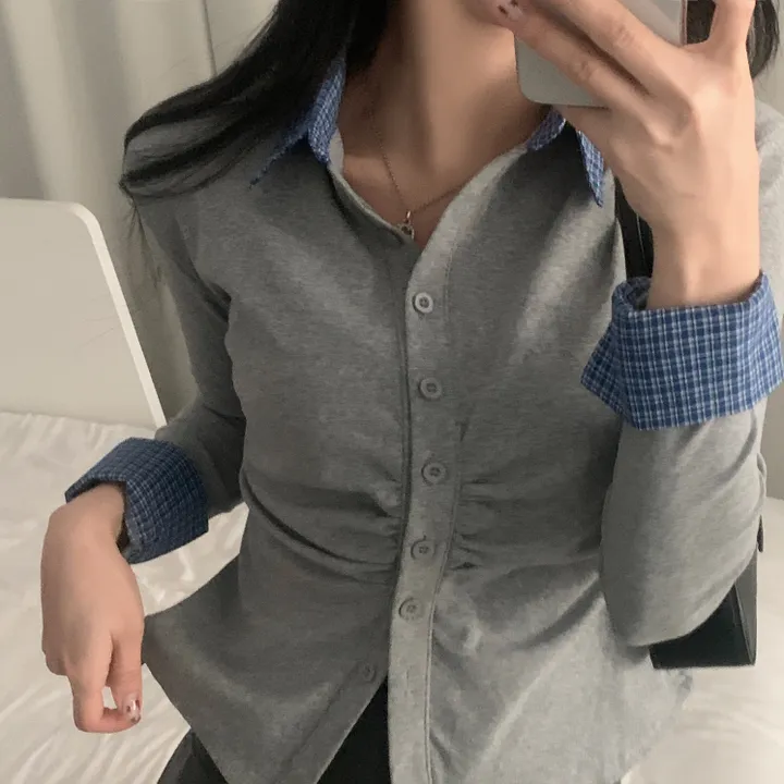 [일체형!/말라핏] 레이디 체크 셔링 레이어드 롱슬리브 버튼 긴팔티셔츠 - 4color 상세 이미지 7