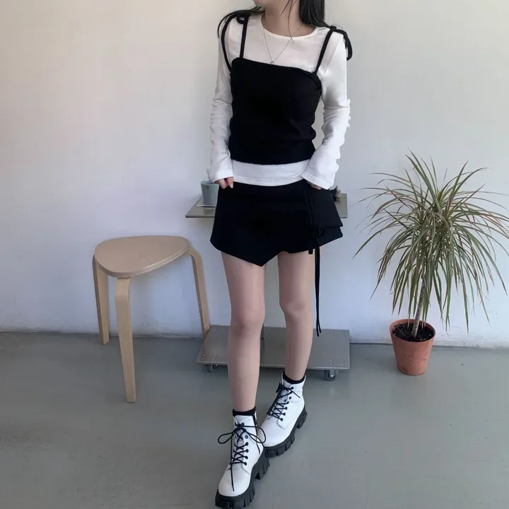 [2ps🎀/퀄리티보장] 레이어드 스트랩 리본 뷔스티에 기모 티셔츠 set 상세 이미지 5