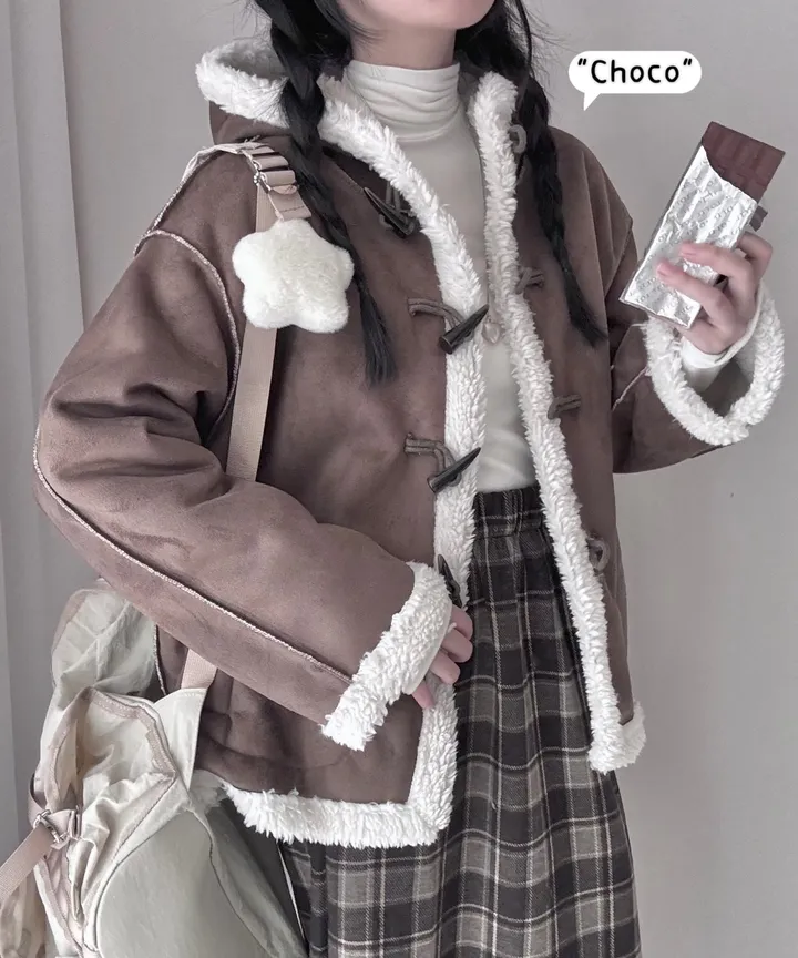 [찐-한 초코색감🍫] 후드포인트! 스웨이드 안감 퍼 숏 무스탕 떡볶이 코트 자켓 상세 이미지 1