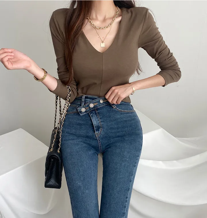 패드 브이넥 스판 절개 슬림 티셔츠 상세 이미지 7