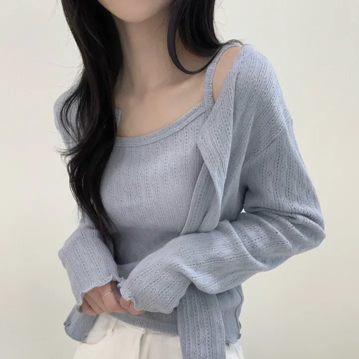 [나시+가디건set/여름까지] 여리여리 로맨틱 무드 펀칭 아일렛 세미크롭 투피스 세트 상세 이미지 1