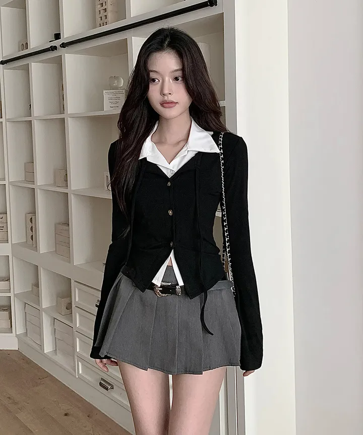[반팔/긴팔❄일체형💗고퀄ver] 칠리 셔츠 가디건 일체형 레이어드 리본 슬림핏 긴팔 반팔 티셔츠 가디건 봄 겨울 가을 / 하객룩 출근룩 소개팅룩 데이트룩 클래식블랑 상세 이미지 7
