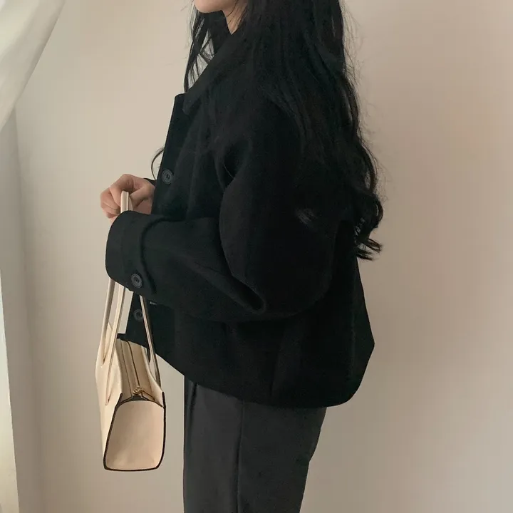 봄가을 크롭재킷 오버핏 아이보리 블랙 싱글버튼 숏코트 상세 이미지 48