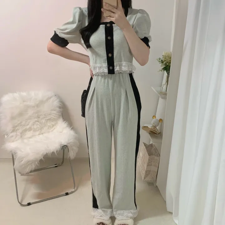 [세트/핏대박*.*] 세렌디 퍼프 스퀘어넥 반팔 크롭 배색 레이스 가디건 + 밴딩 롱 핀턱 와이드 팬츠 투피스 세트 2color 상세 이미지 16