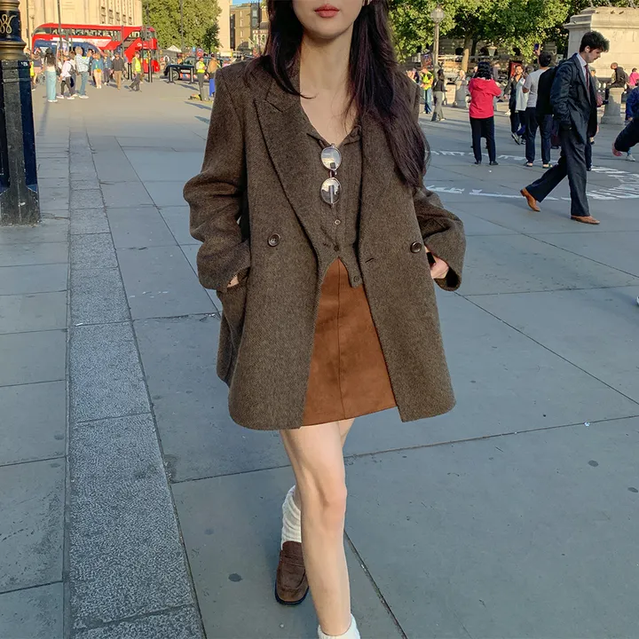 [wool70%🤎클래식무드] 모직 헤링본 핸드메이드 하프코트 자켓 반코트 아우터 절개 트임 코트 고퀄리티 루즈핏 봄 간절기 데이트룩 개강룩 4COL 상세 이미지 59