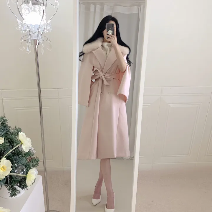 [롱케이프코트💗/고퀄보장✨] 롱VER. 알콩 울 캐시미어 폭스퍼 페이크퍼 밍크퍼 누빔안감 케이프 벨트 버튼 고급 우아 롱 판쵸 코트 망토 자켓 (4color) 연말룩 크리스마스 상세 이미지 6