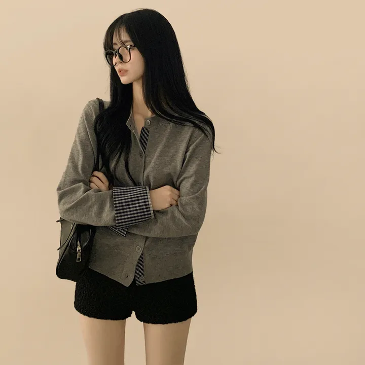 [긱시크룩] 빈티지 롤업 체크셔츠 페이크 레이어드 비스코스 배색 니트가디건 상세 이미지 12