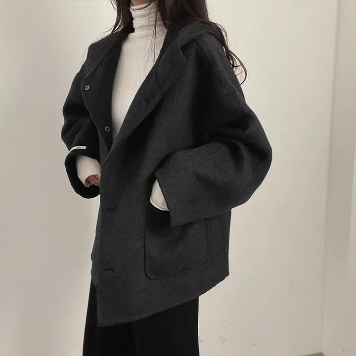 (껴입어도 넉넉한 사이즈) 오버핏 울 핸드메이드 후드 하프코트 상세 이미지 22