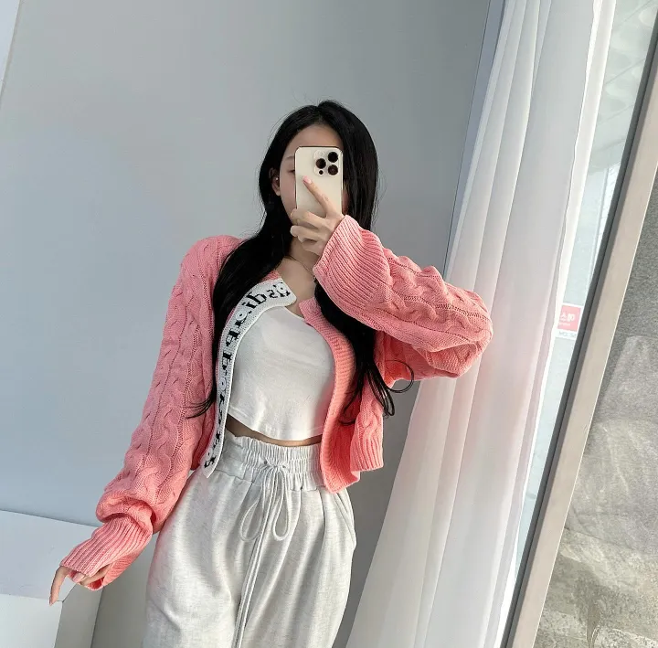 당일배송! *에이블리최저가* 고퀄 레터링 꽈배기 배색 크롭 니트 가디건 6 color 상세 이미지 17